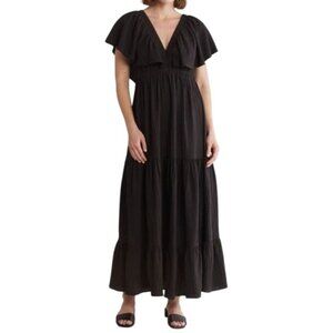 NEW Mila Mae Flutter Sleeve Tiered Maxi Dress in Black, Size‎ M, Open Tie Back